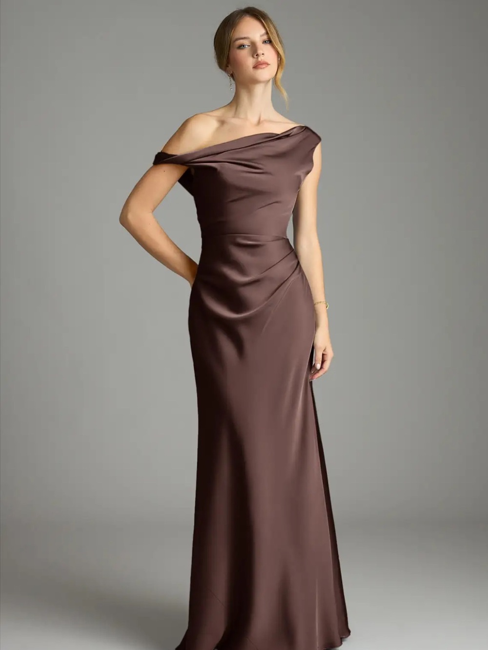 Azazie One-Shoulder Brown Satin Evening Gown
